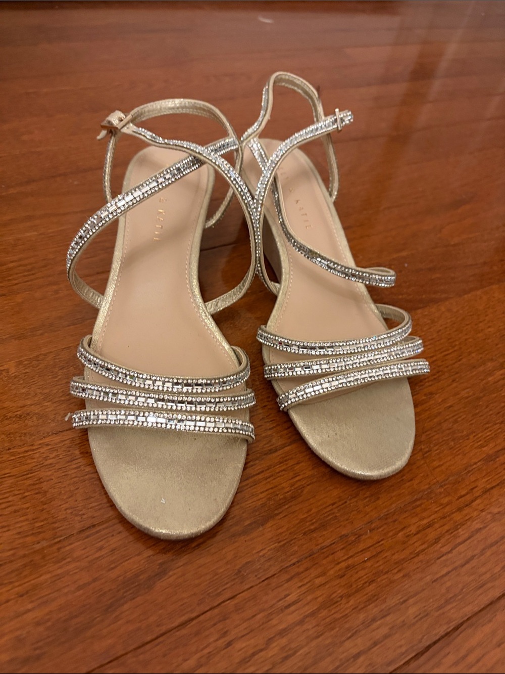 Crystal-Strap Gold Evening Heels with Ankle Wrap